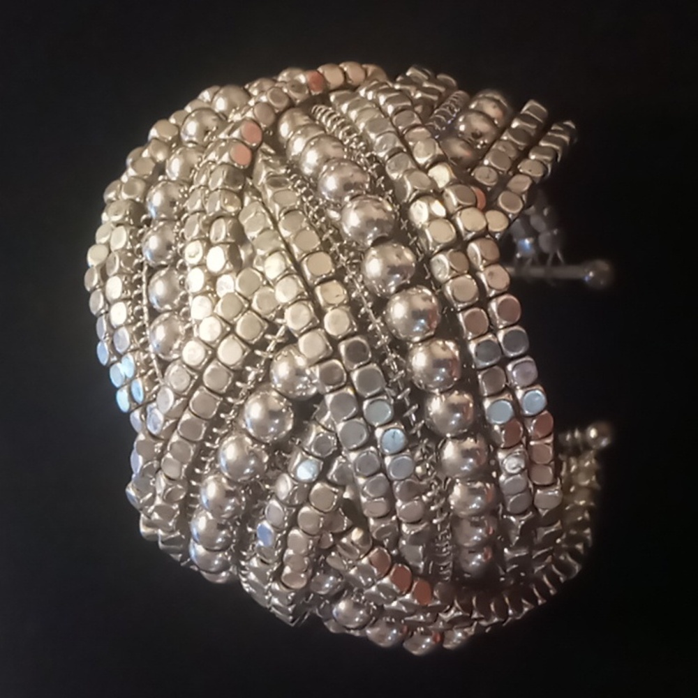 Silver tone braided & beaded cuff wrap bracelet.